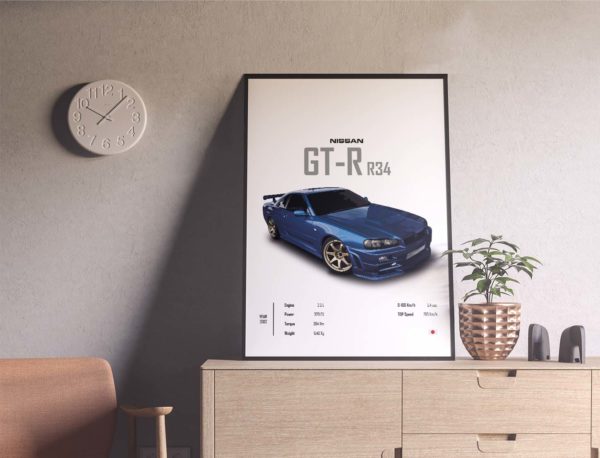 R34 Nissan Skyline GT-R - Sports Car Poster Print - Image 2